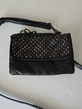 Platania Italian Leather Studded Crossbody Purse Black‎ Soft Shoulder Bag.